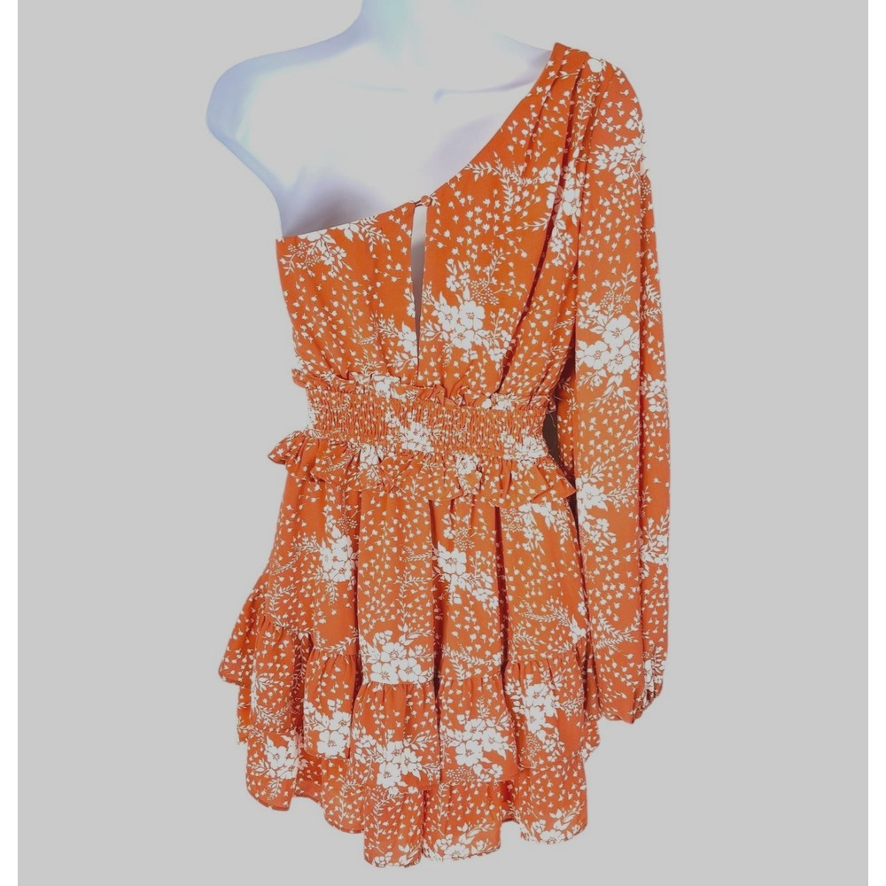 Rust Floral One Shoulder Ruffle Mini Dress Sz S Boho Romantic Cottagecore - Picture 3 of 13
